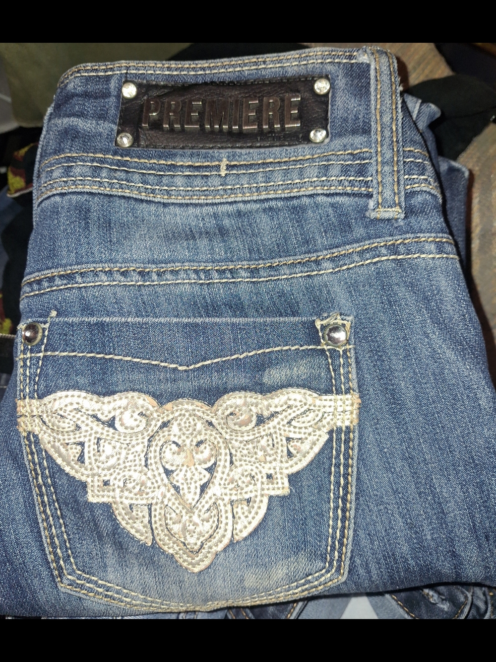 Premier Mens Blue Bootcut Jeans with Embellished Back Pocket